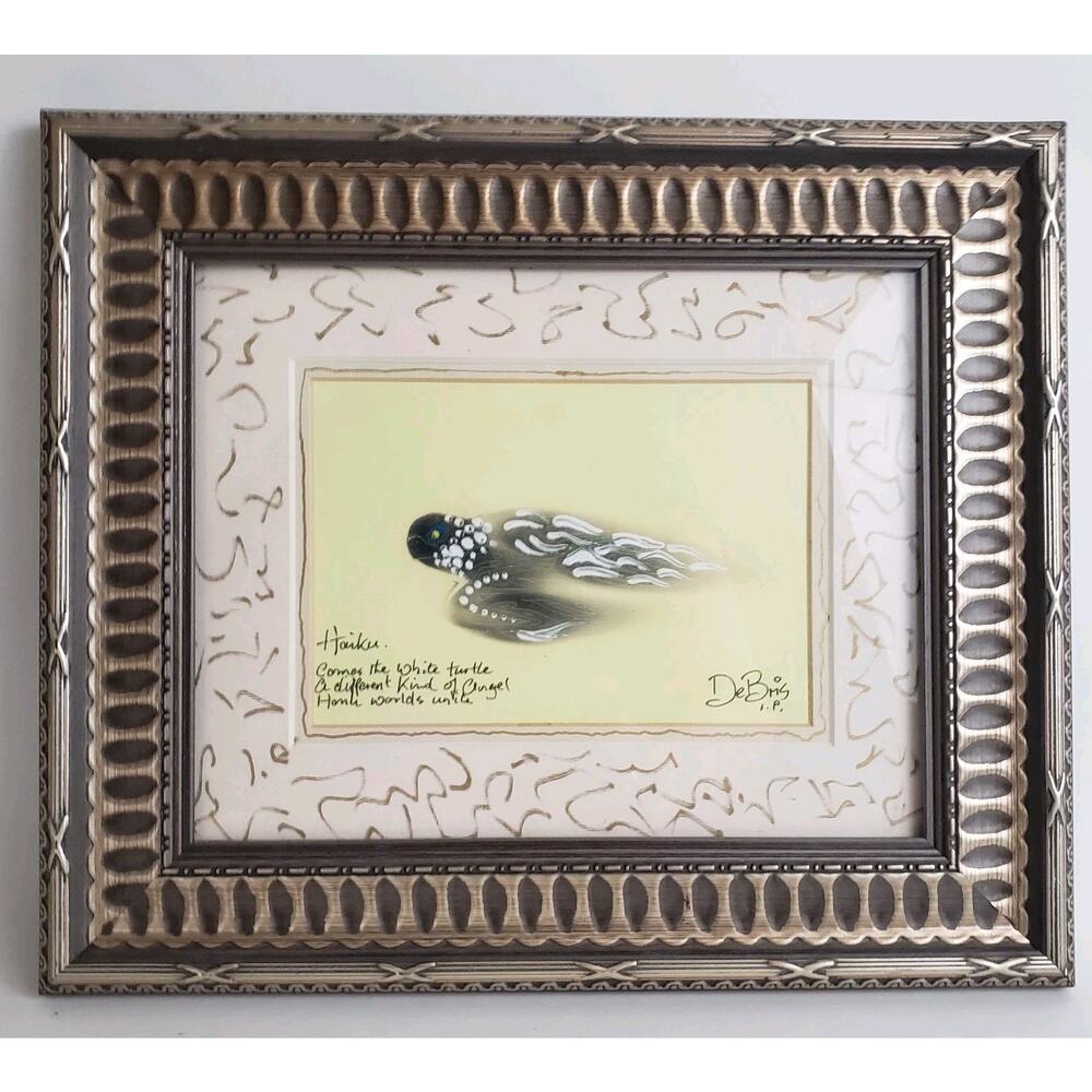 Haiku Art by Bryan DeBris of Hawksbill White Sea Turtle. Matted Framed Signed